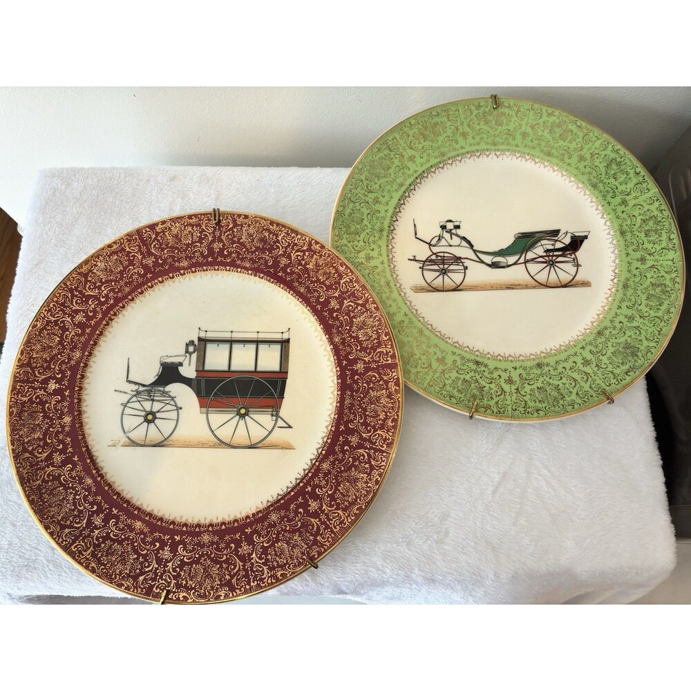 Vintage Salem China Co. Carriage Collector Wall Plates Set 23 Karat Gold Country